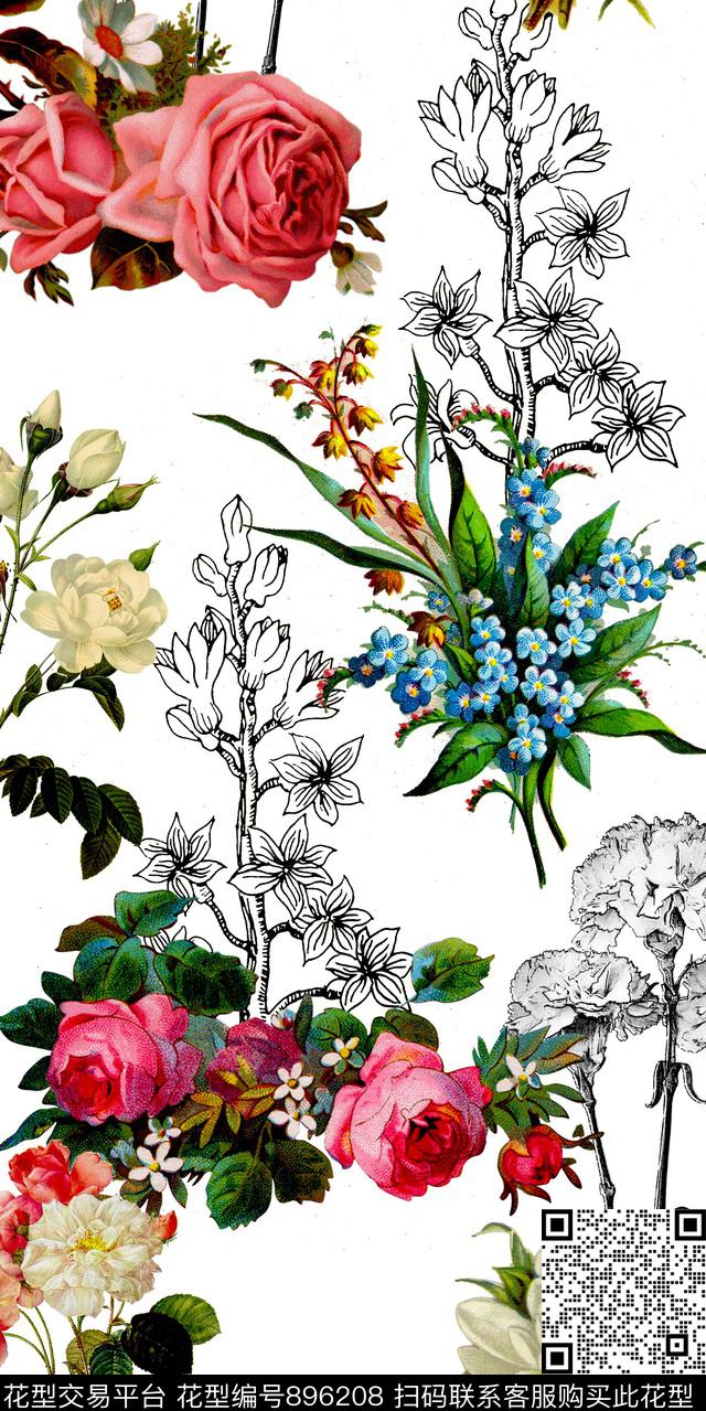 花卉趣味几何数码印花华亿平台下载（图片编号: 896208） - 瓦栏（Walan）