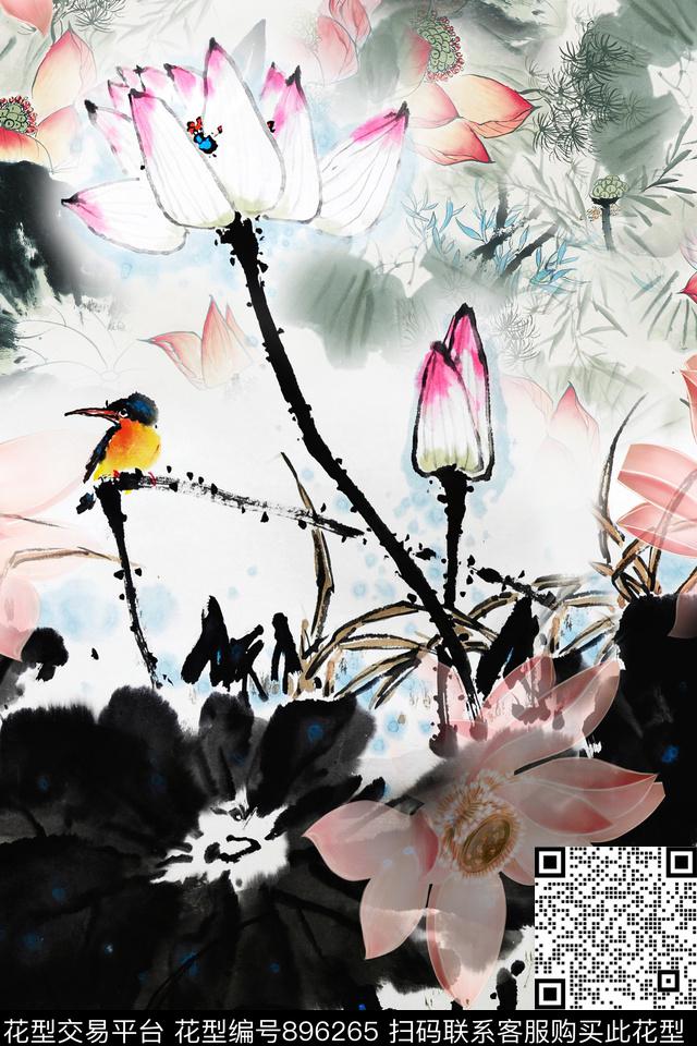 荷花休闲中国风数码印花华亿平台下载（图片编号: 896265） - 瓦栏（Walan）