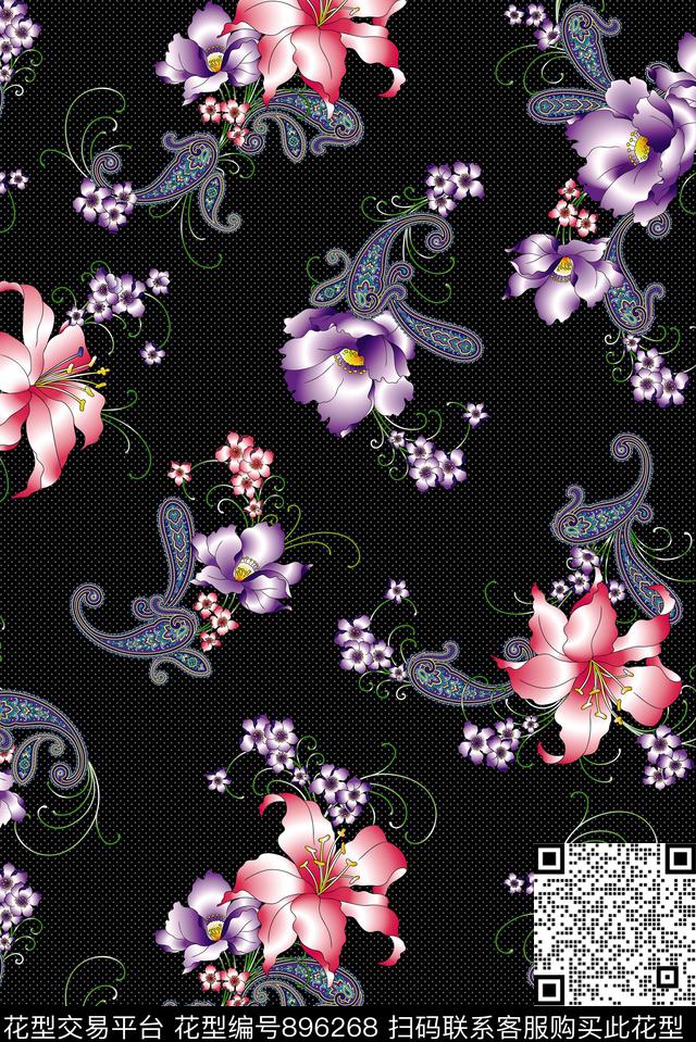 花卉彩底花卉定位花数码印花华亿平台下载（图片编号: 896268） - 瓦栏（Walan）