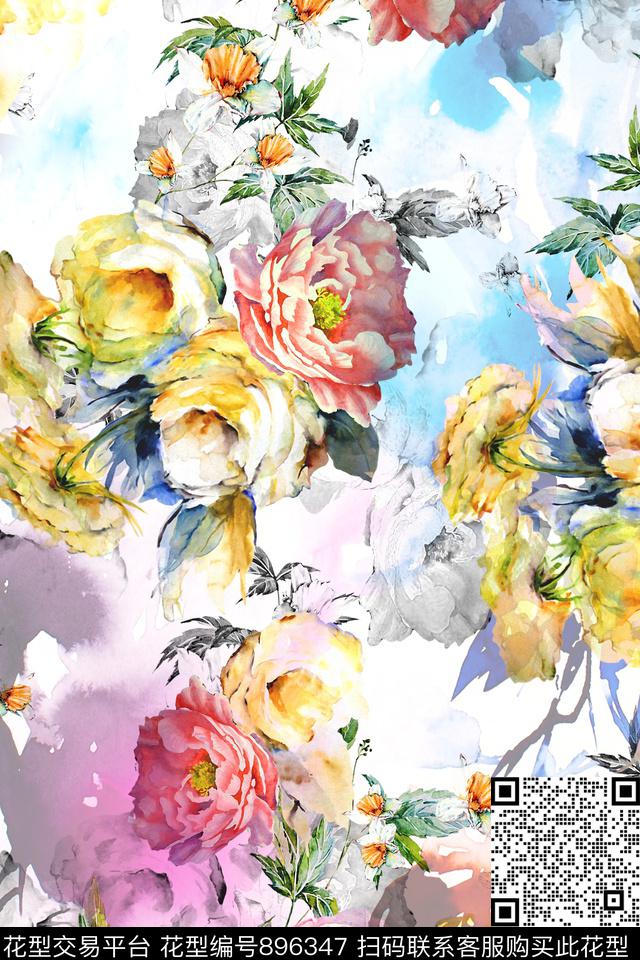 花卉手绘花卉水彩花卉数码印花华亿平台下载（图片编号: 896347） - 瓦栏（Walan）