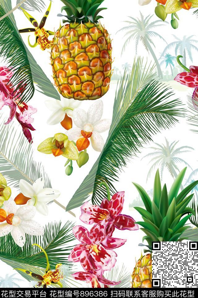 热带菠萝绿植树叶数码印花华亿平台下载（图片编号: 896386） - 瓦栏（Walan）