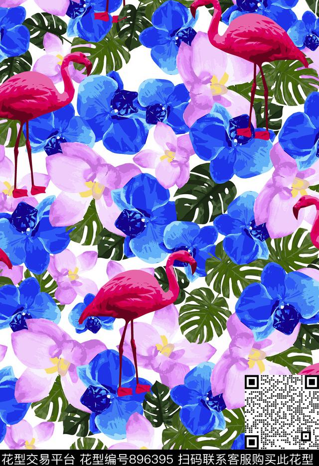 蝴蝶兰火烈鸟棕榈树数码印花华亿平台下载（图片编号: 896395） - 瓦栏（Walan）