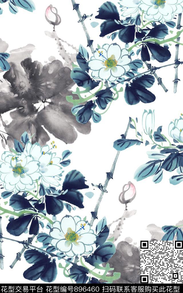荷花树枝白底花卉数码印花华亿平台下载（图片编号: 896460） - 瓦栏（Walan）