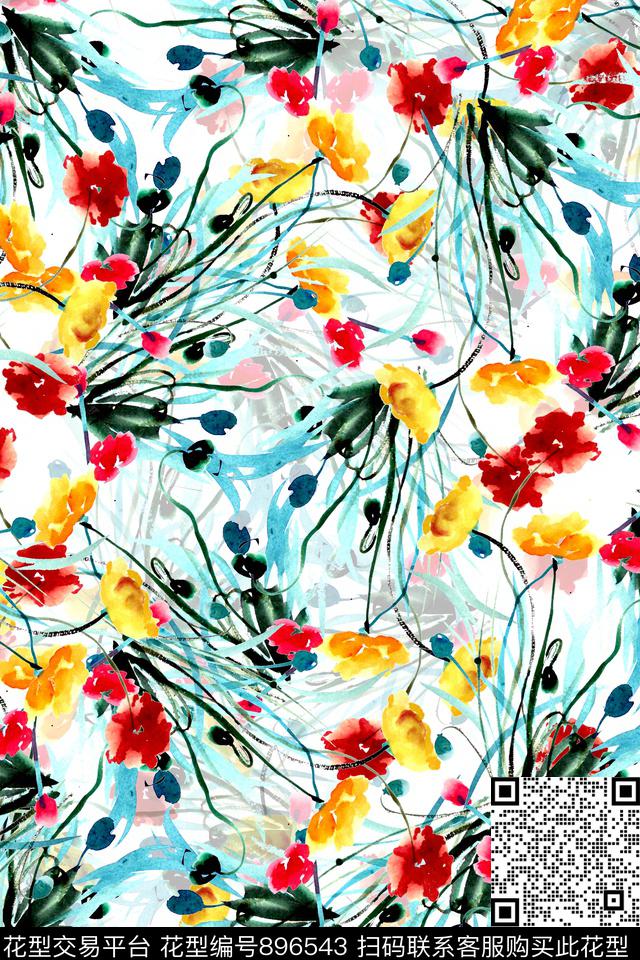 数码华亿平台手绘花卉水彩花卉数码印花华亿平台下载（图片编号: 896543） - 瓦栏（Walan）