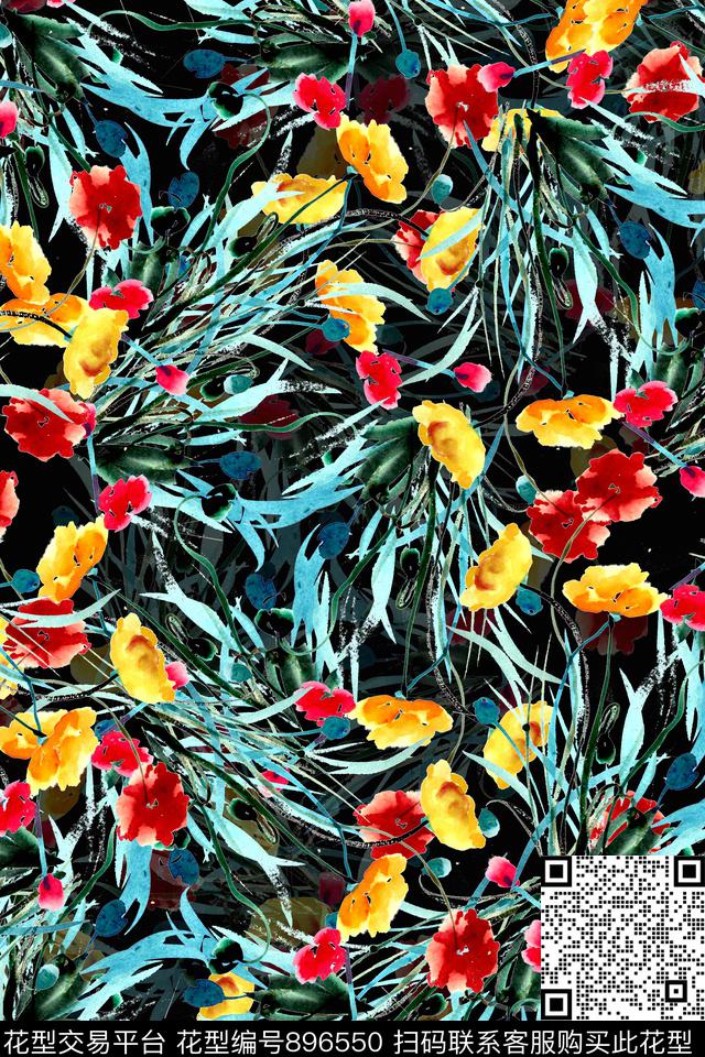 数码华亿平台手绘花卉水彩花卉数码印花华亿平台下载（图片编号: 896550） - 瓦栏（Walan）