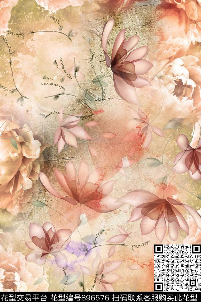 朦胧花卉彩底花卉花瓣数码印花华亿平台下载（图片编号: 896576） - 瓦栏（Walan）