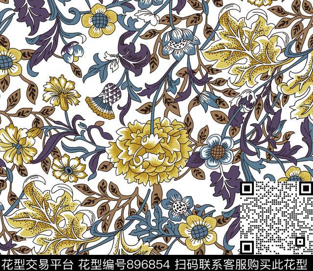 黄花手绘植物花卉传统手绘花卉传统印花华亿平台下载（图片编号: 896854） - 瓦栏（Walan）