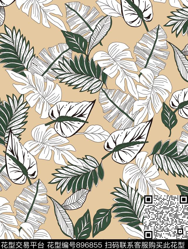 绿植树叶手绘热带叶子热带传统印花华亿平台下载（图片编号: 896855） - 瓦栏（Walan）