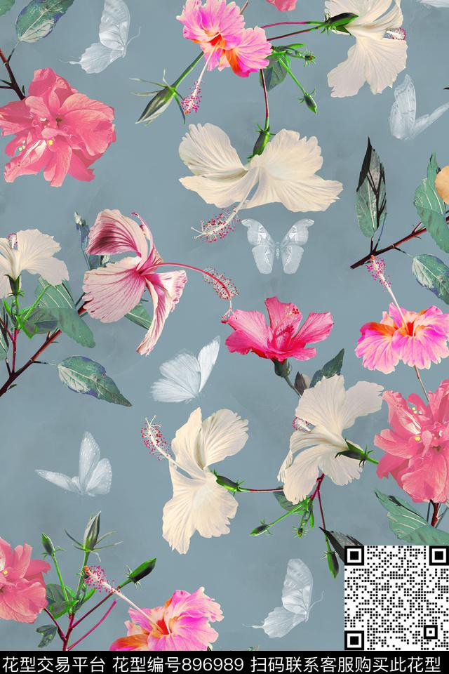热带蝴蝶扶桑花数码印花华亿平台下载（图片编号: 896989） - 瓦栏（Walan）