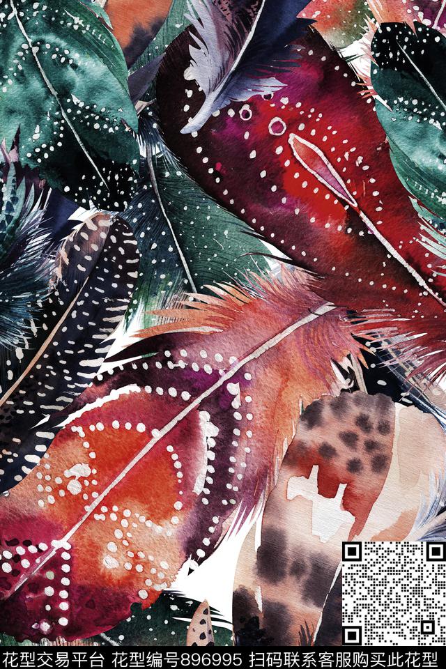 复古羽毛连衣裙数码印花华亿平台下载（图片编号: 896995） - 瓦栏（Walan）