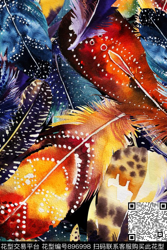 复古羽毛连衣裙数码印花华亿平台下载（图片编号: 896998） - 瓦栏（Walan）