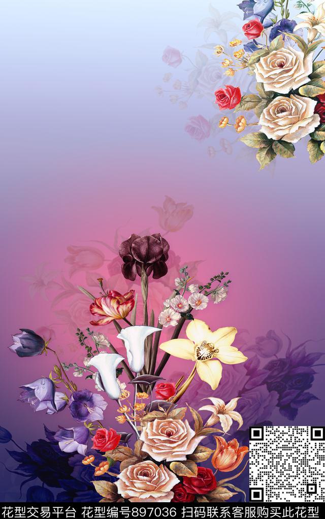 渐变花卉女装数码印花华亿平台下载（图片编号: 897036） - 瓦栏（Walan）