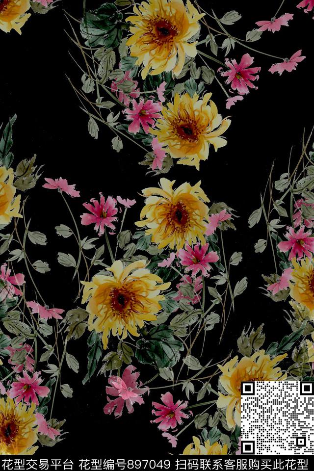 手绘花卉水彩花卉绘画数码印花华亿平台下载（图片编号: 897049） - 瓦栏（Walan）