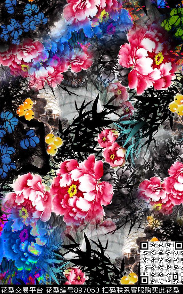 花卉朦胧花卉牡丹传统印花华亿平台下载（图片编号: 897053） - 瓦栏（Walan）