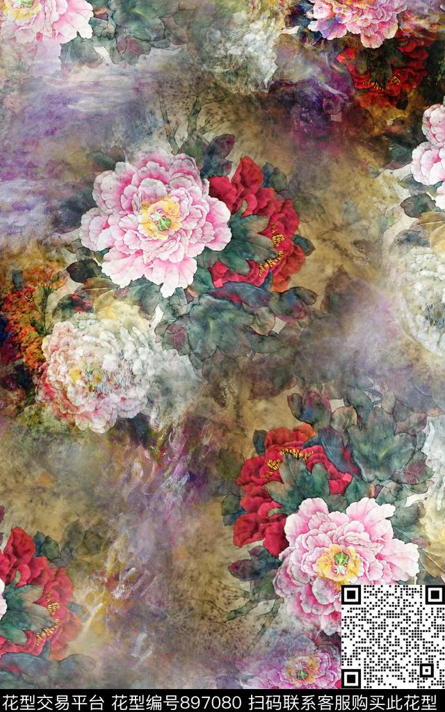 花卉抽象油画华亿平台数码印花华亿平台下载（图片编号: 897080） - 瓦栏（Walan）