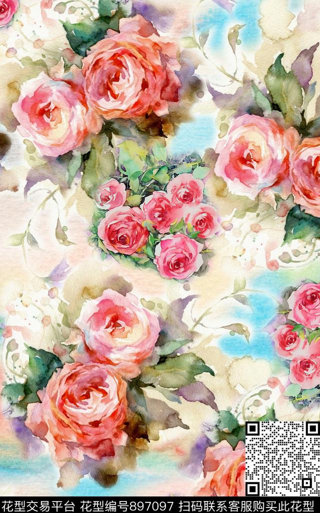 花卉水彩花卉晕染花数码印花华亿平台下载（图片编号: 897097） - 瓦栏（Walan）