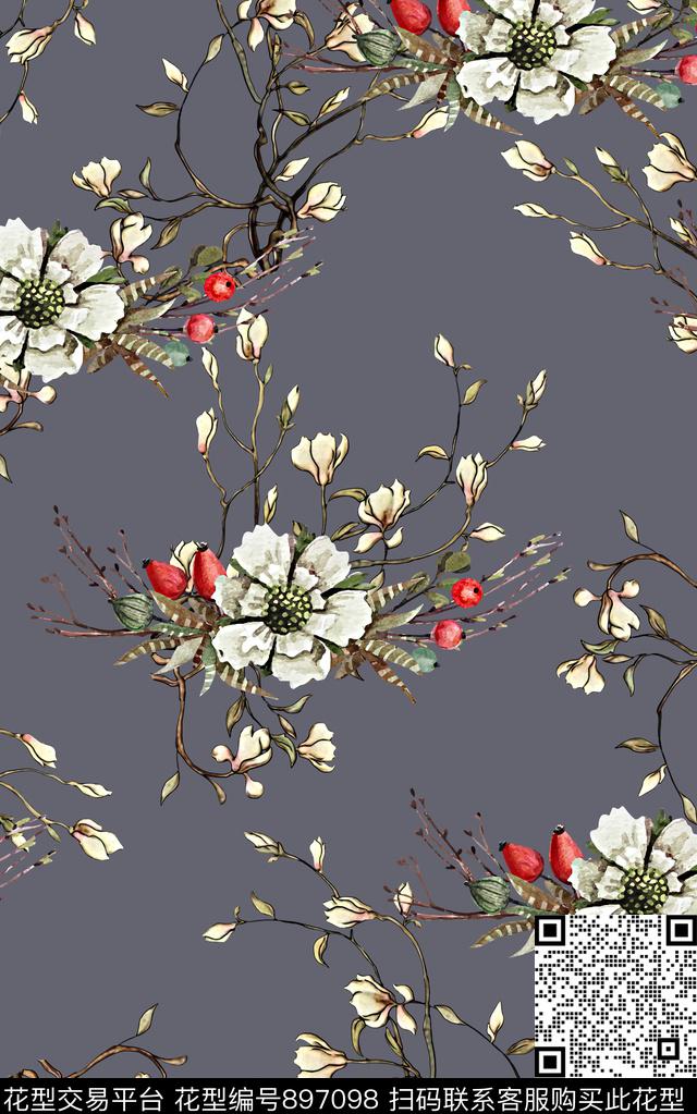 连衣裙手绘花卉抽象数码印花华亿平台下载（图片编号: 897098） - 瓦栏（Walan）