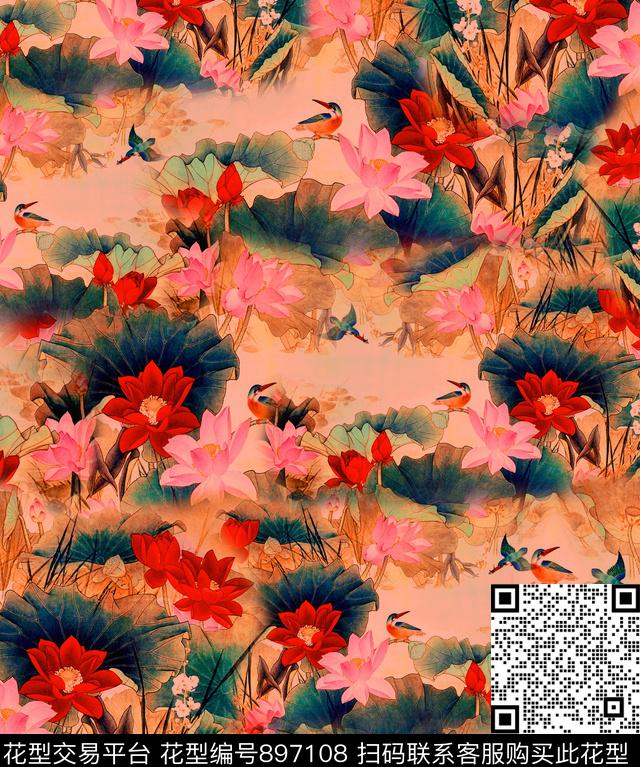 花卉中国风国画荷花数码印花华亿平台下载（图片编号: 897108） - 瓦栏（Walan）