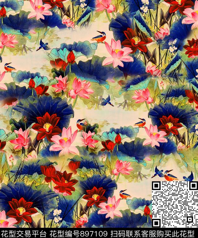 花卉中国风国画荷花数码印花华亿平台下载（图片编号: 897109） - 瓦栏（Walan）