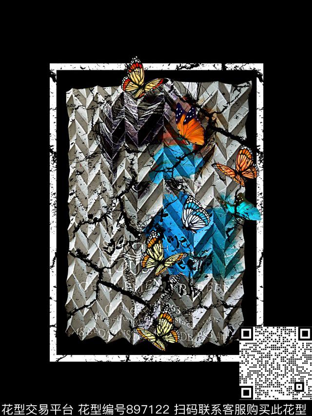 蝴蝶几何纹理人物像数码印花华亿平台下载（图片编号: 897122） - 瓦栏（Walan）