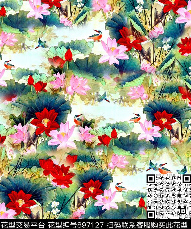 花卉中国风国画荷花数码印花华亿平台下载（图片编号: 897127） - 瓦栏（Walan）