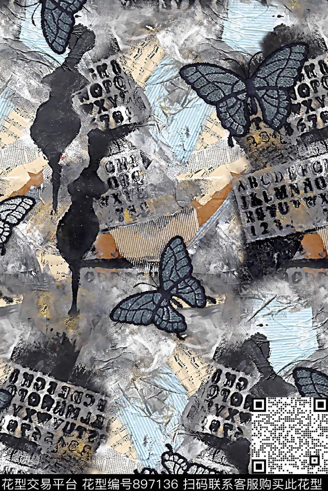 复古蝴蝶几何数码印花华亿平台下载（图片编号: 897136） - 瓦栏（Walan）
