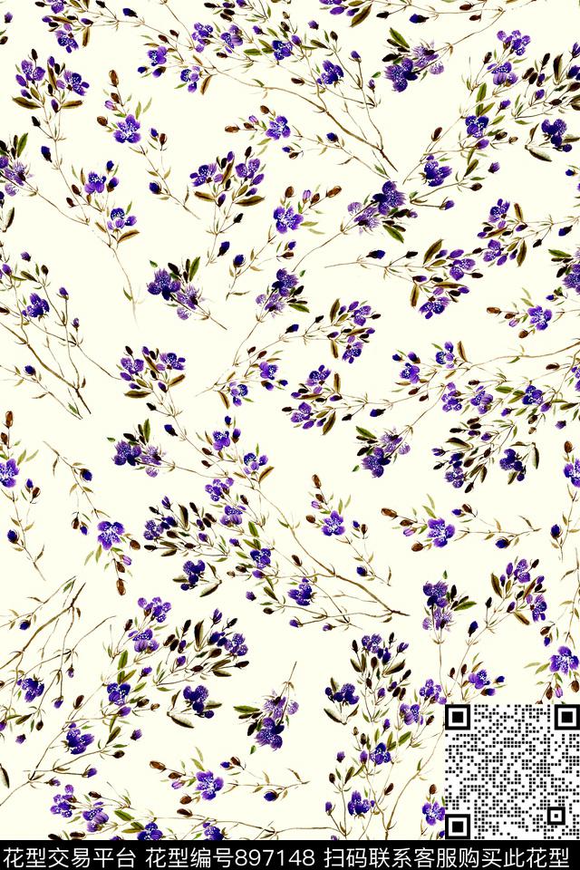 小碎花线条花簇传统印花华亿平台下载（图片编号: 897148） - 瓦栏（Walan）