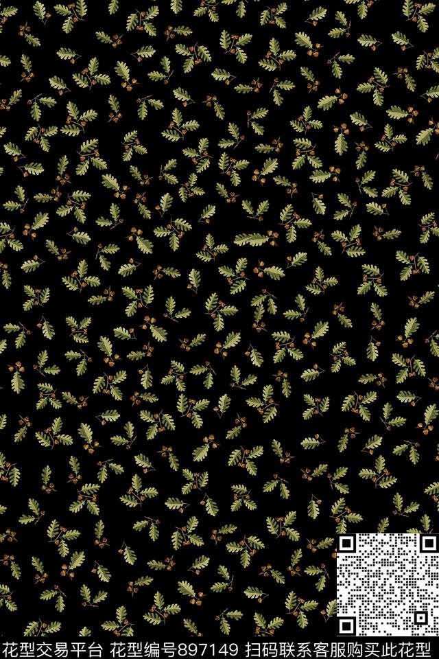 绿植树叶小碎花黑底花卉传统印花华亿平台下载（图片编号: 897149） - 瓦栏（Walan）