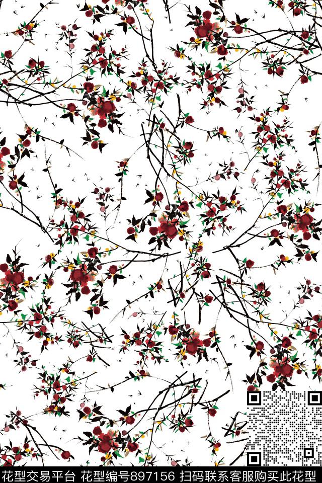 小碎花树枝线条数码印花华亿平台下载（图片编号: 897156） - 瓦栏（Walan）
