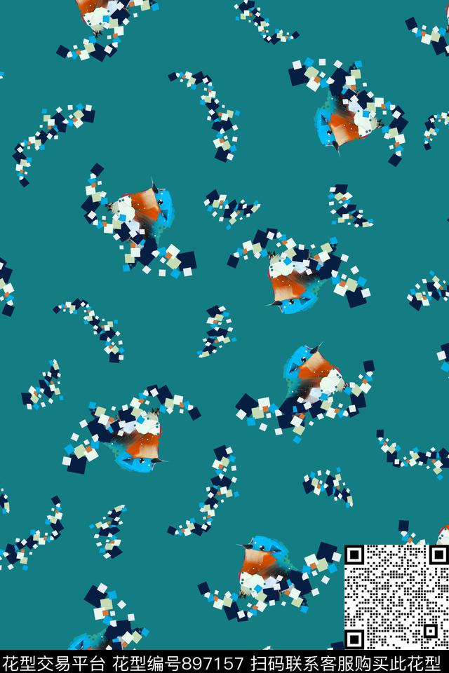 迷彩手绘小鸟小方块传统印花华亿平台下载（图片编号: 897157） - 瓦栏（Walan）
