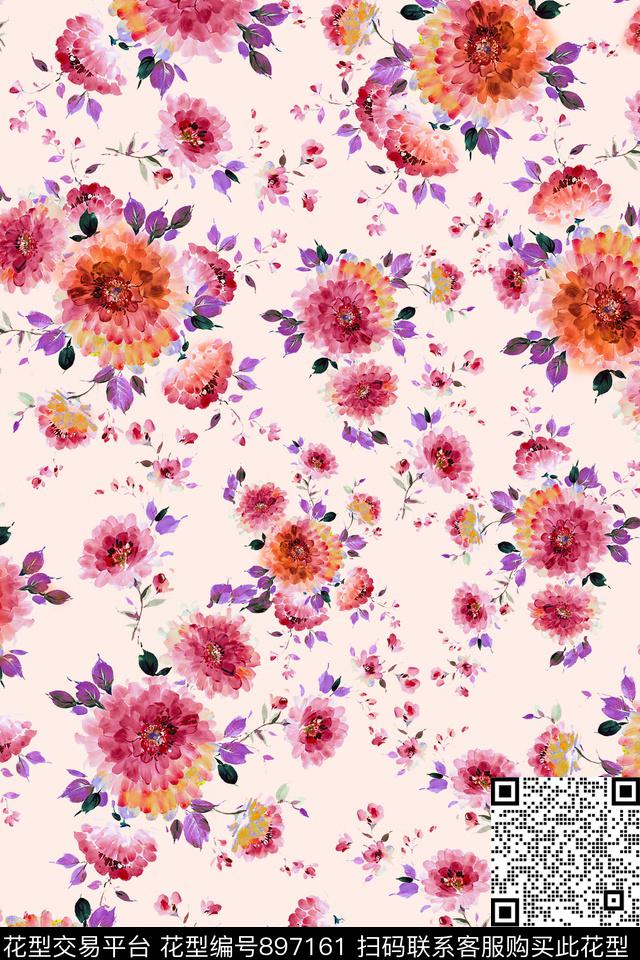 水彩花卉小碎花发散数码印花华亿平台下载（图片编号: 897161） - 瓦栏（Walan）
