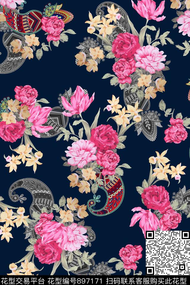 大花手绘撇丝花卉佩兹利纹样数码印花华亿平台下载（图片编号: 897171） - 瓦栏（Walan）