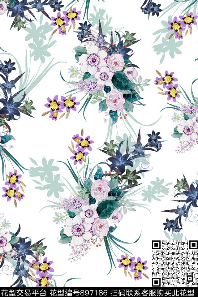 手绘花卉大花淑女数码印花华亿平台下载（图片编号: 897186） - 瓦栏（Walan）