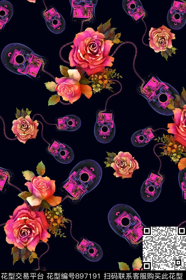 炫彩手绘花卉黑底花卉数码印花华亿平台下载（图片编号: 897191） - 瓦栏（Walan）