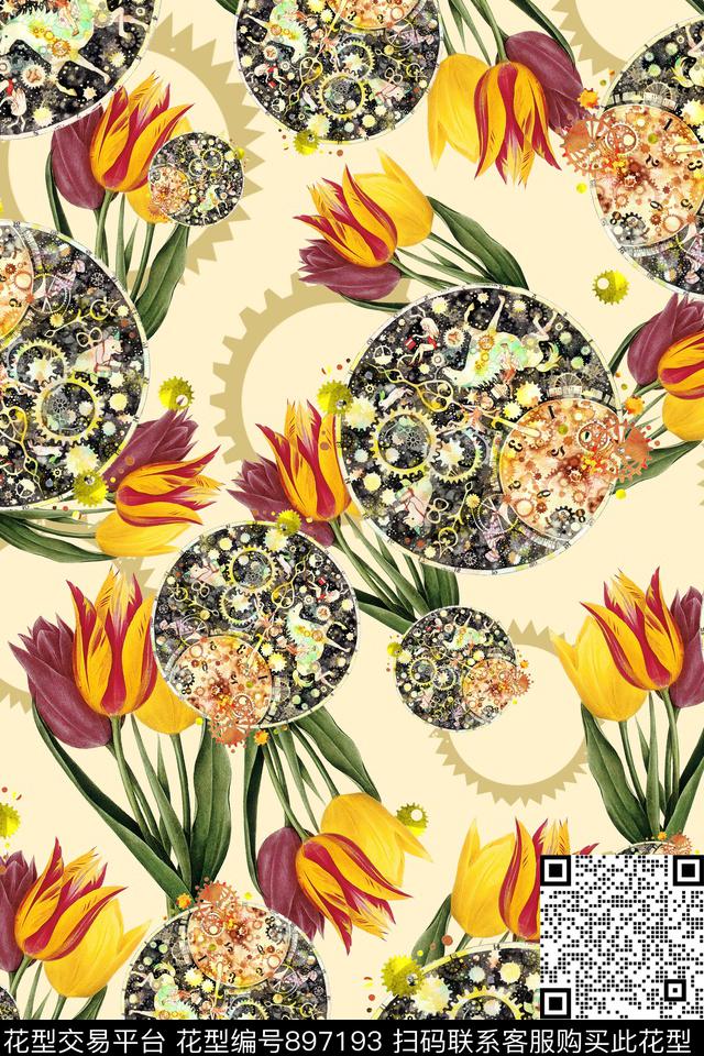 花卉趣味齿轮数码印花华亿平台下载（图片编号: 897193） - 瓦栏（Walan）