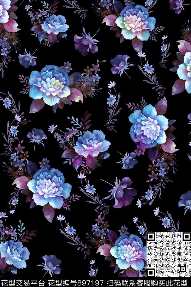手绘花卉素雅水彩花卉数码印花华亿平台下载（图片编号: 897197） - 瓦栏（Walan）