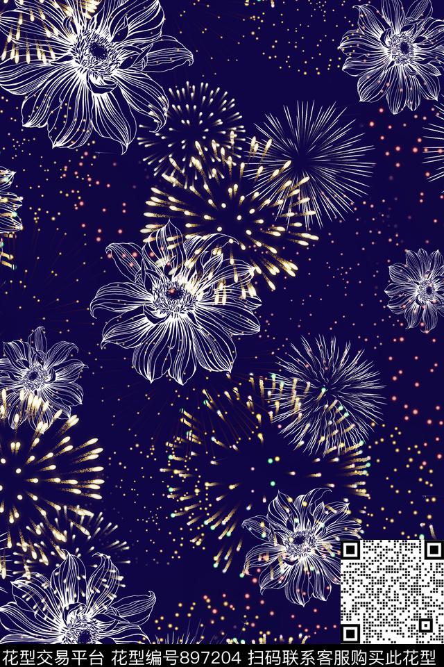 线条花卉烟火发散数码印花华亿平台下载（图片编号: 897204） - 瓦栏（Walan）