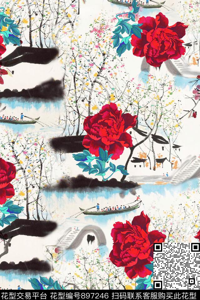 手绘花卉大花中国风数码印花华亿平台下载（图片编号: 897246） - 瓦栏（Walan）