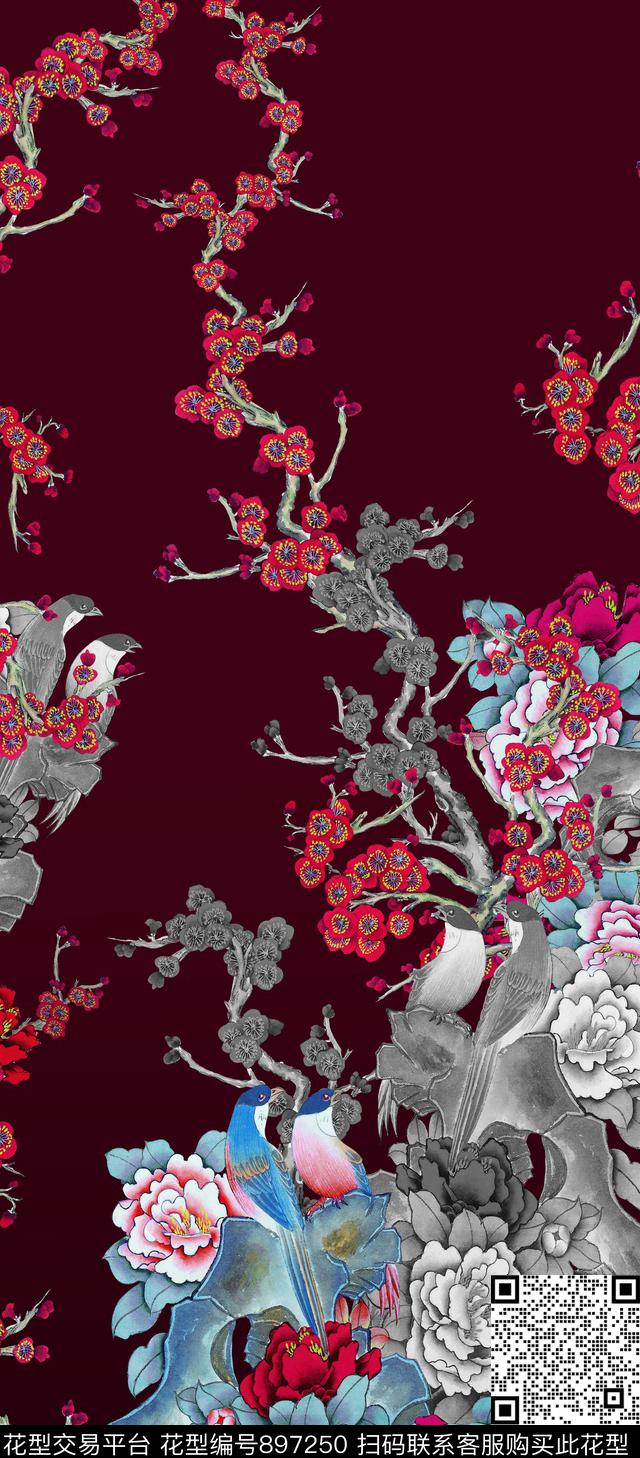 梅花大花中国风传统印花华亿平台下载（图片编号: 897250） - 瓦栏（Walan）