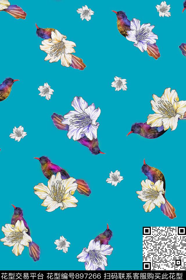 手绘花卉线条花卉鸟数码印花华亿平台下载（图片编号: 897266） - 瓦栏（Walan）