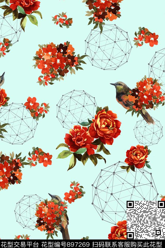 几何花卉手绘大花立体几何传统印花华亿平台下载（图片编号: 897269） - 瓦栏（Walan）