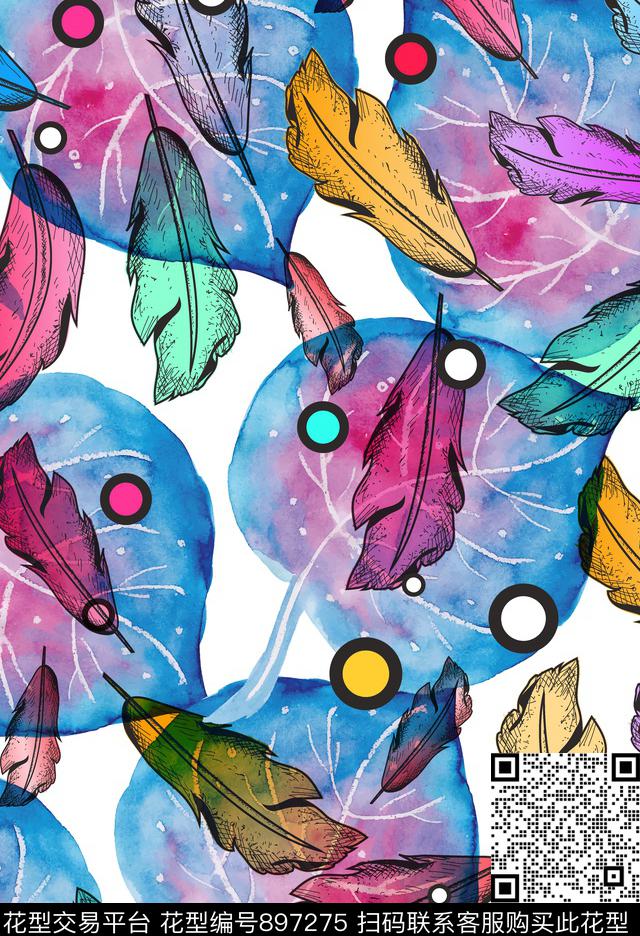 剪影水彩花卉羽毛传统印花华亿平台下载（图片编号: 897275） - 瓦栏（Walan）