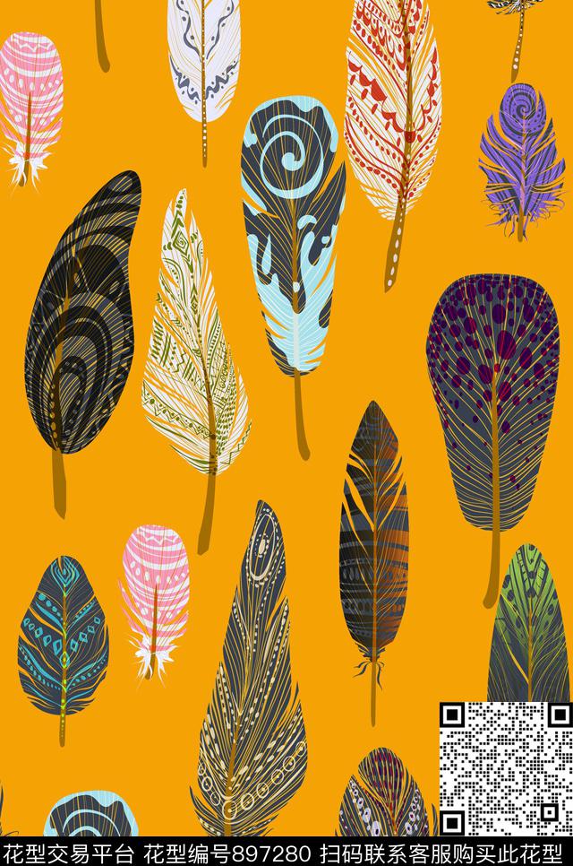 剪影羽毛抽象传统印花华亿平台下载（图片编号: 897280） - 瓦栏（Walan）