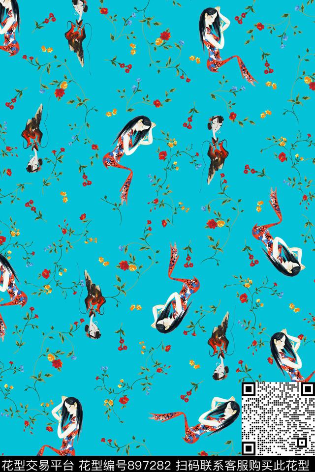 花卉趣味线条数码印花华亿平台下载（图片编号: 897282） - 瓦栏（Walan）