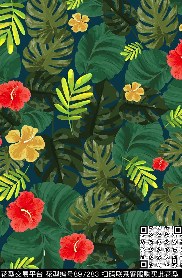 剪影棕榈树花卉传统印花华亿平台下载（图片编号: 897283） - 瓦栏（Walan）