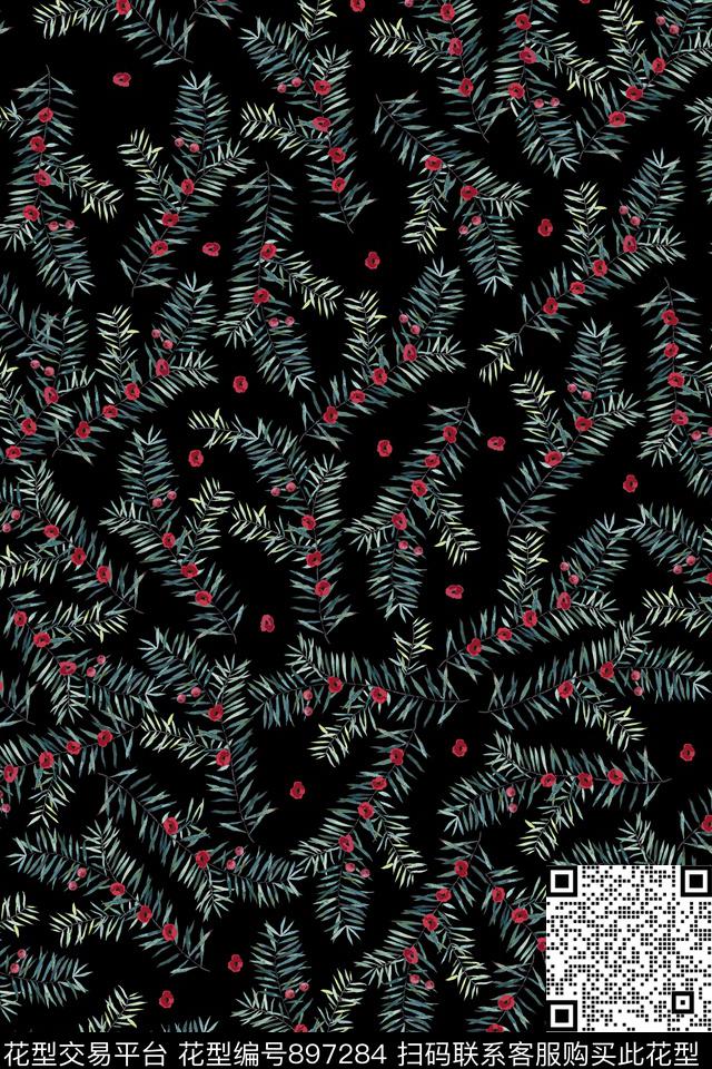 小碎花黑底花卉长条枝叶传统印花华亿平台下载（图片编号: 897284） - 瓦栏（Walan）