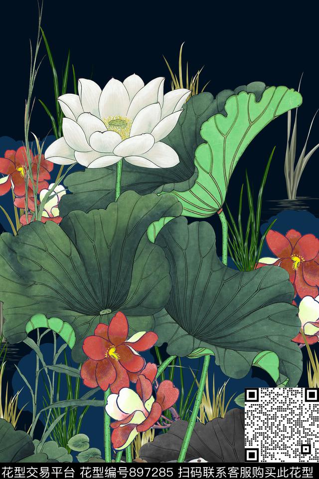 水草荷花中国风数码印花华亿平台下载（图片编号: 897285） - 瓦栏（Walan）