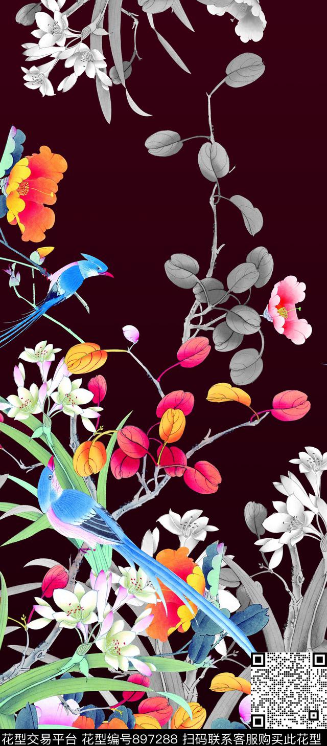 花卉鸟中国风数码印花华亿平台下载（图片编号: 897288） - 瓦栏（Walan）