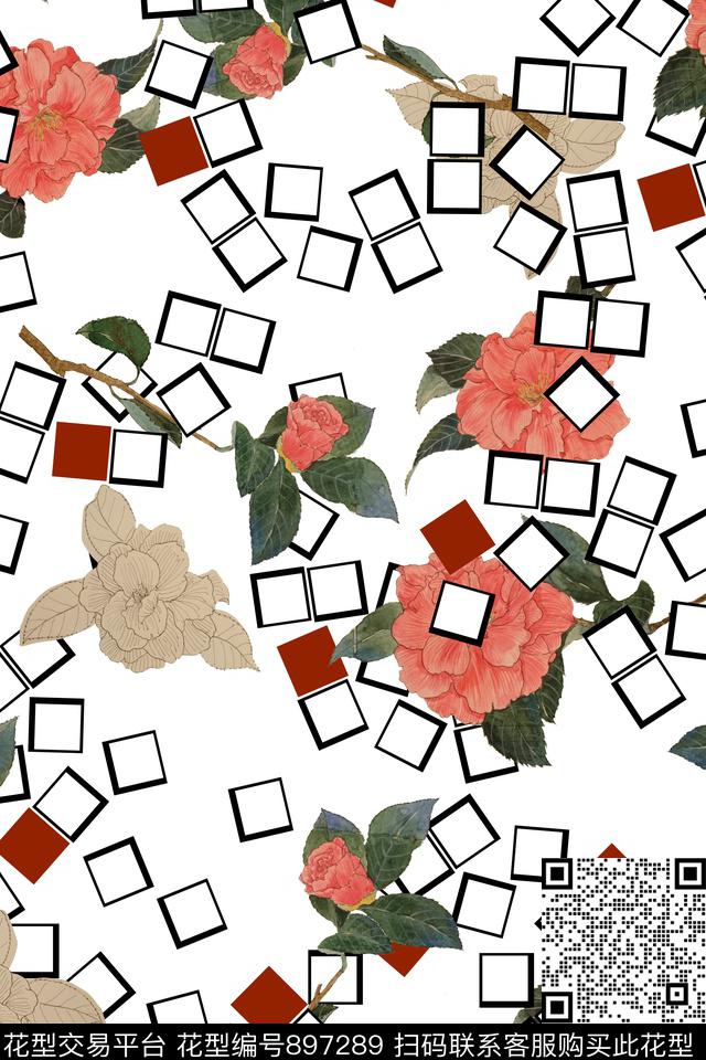 大花花卉手绘方块格子传统印花华亿平台下载（图片编号: 897289） - 瓦栏（Walan）