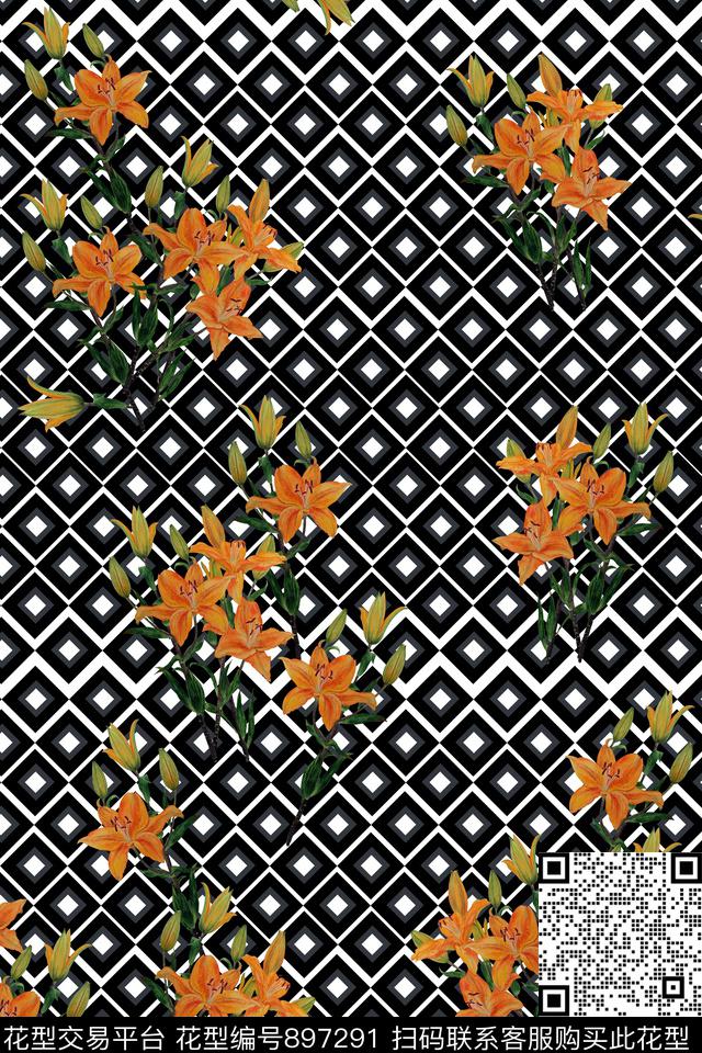 手绘花卉百合几何传统印花华亿平台下载（图片编号: 897291） - 瓦栏（Walan）